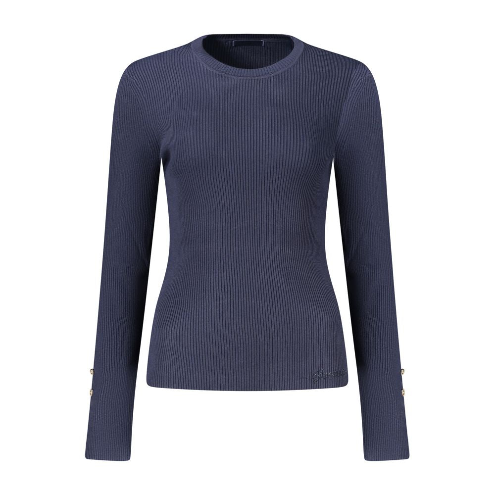 Pull à manches longues Guess Jeans en viscose bleue pour femmes, doux et confortable, avec coupe élégante.