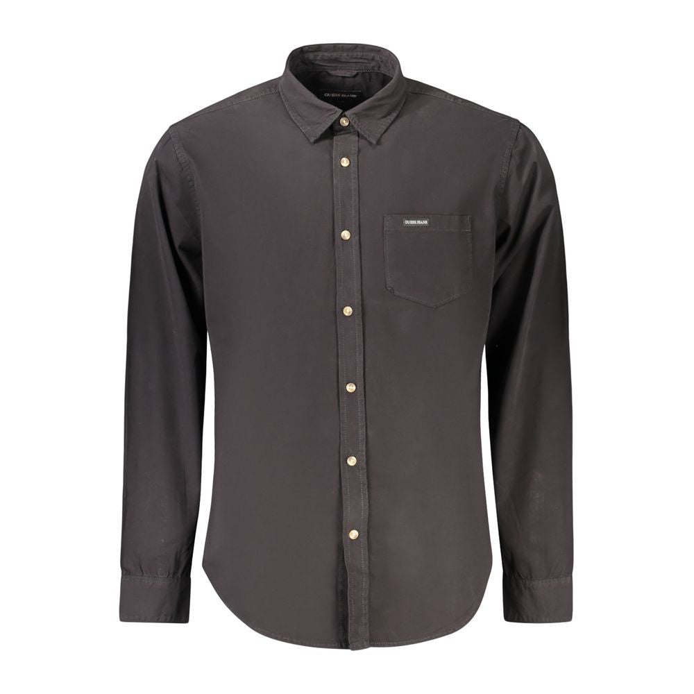 Chemise noire en coton pour hommes de Guess Jeans, avec col classique et manches longues, affichée sur un mannequin.