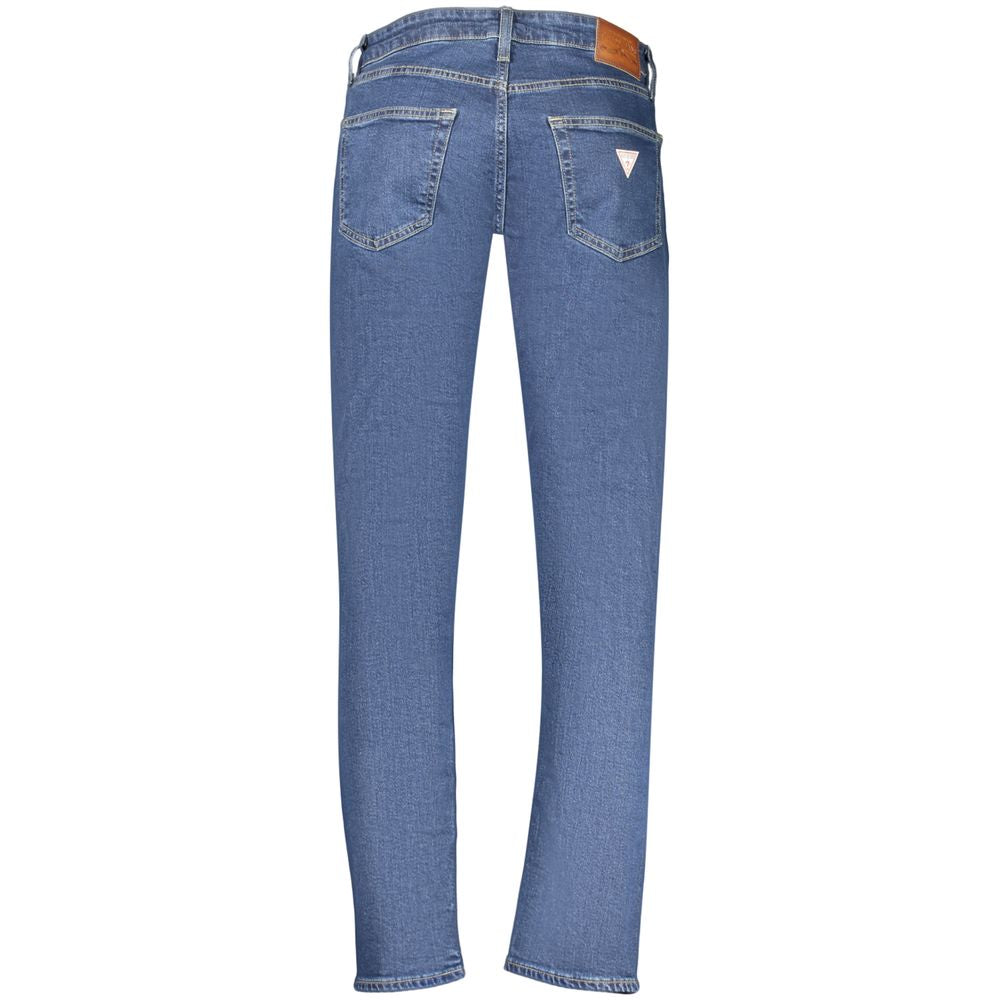 Jeans hommes Guess en coton bleu, coupe classique, détails de couture visibles, style décontracté et tendance.