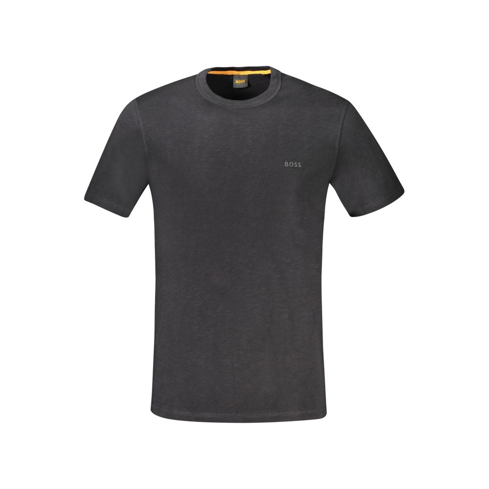 T-shirt homme en coton noir de la marque Hugo Boss, coupe classique, porté sur un mannequin.