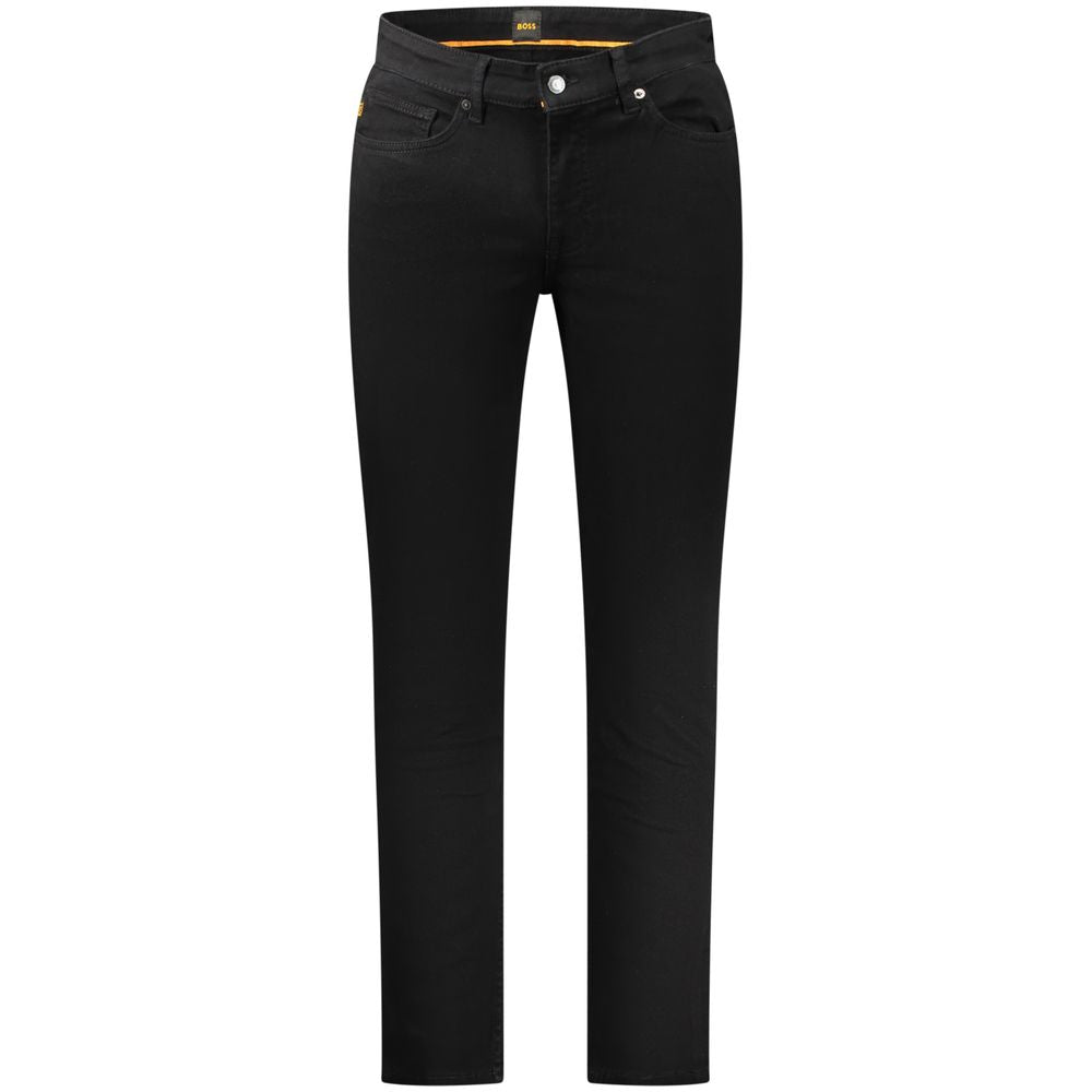 Jeans pour homme en coton noir de la marque Hugo Boss, coupe classique avec poches avant et arrière.
