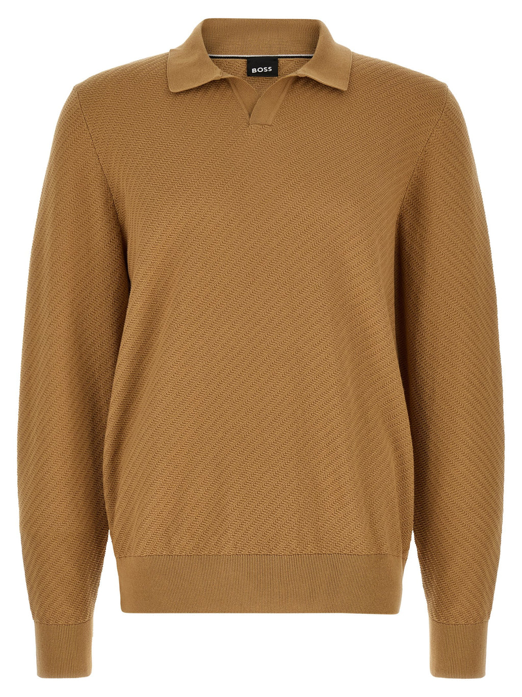 Chemise polo en coton marron de la marque Hugo Boss, avec col classique et logo discret, visible sur l'image.