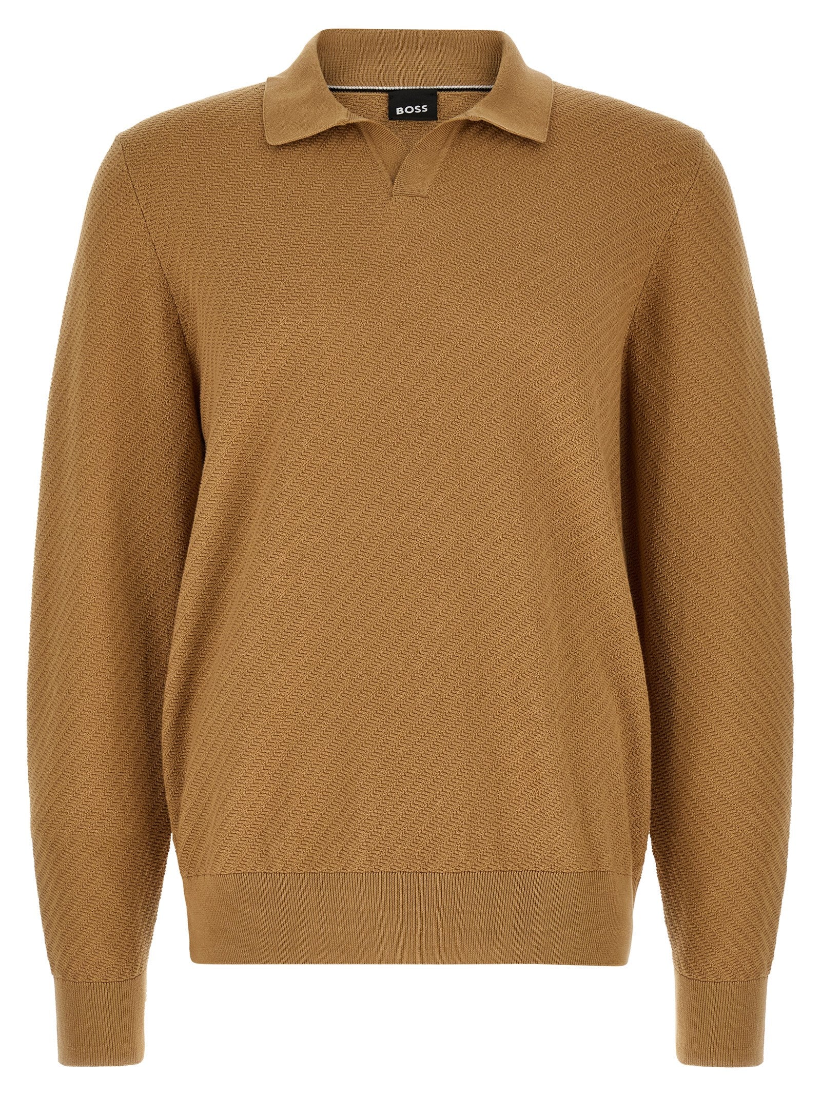 Chemise polo en coton marron de la marque Hugo Boss, avec col classique et logo discret, visible sur l'image.