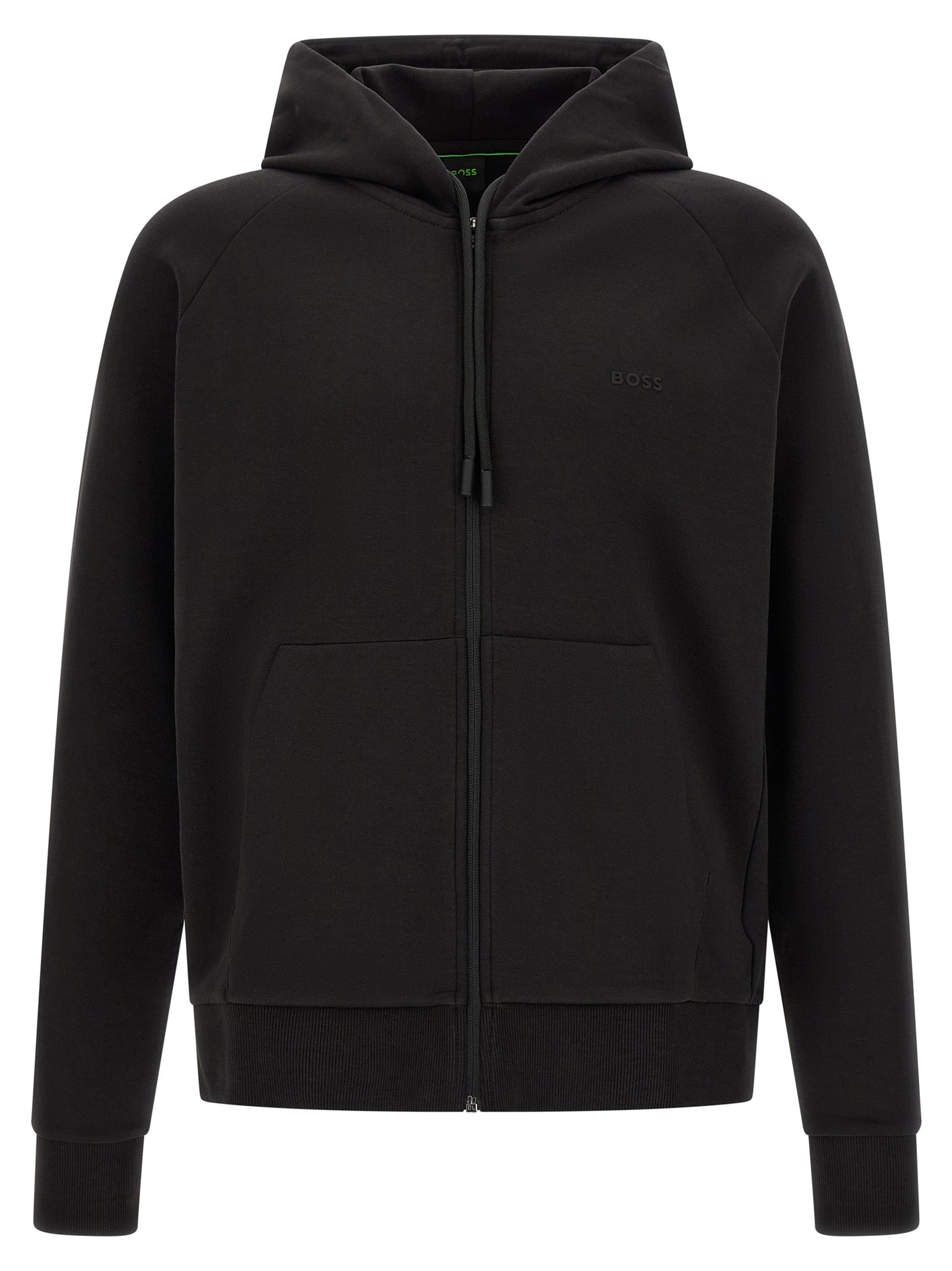 Sweatshirt noire en coton de Hugo Boss, style décontracté, avec logo discret sur la poitrine, porté sur un mannequin.