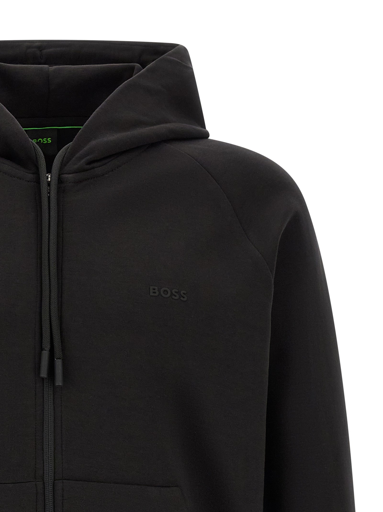 Sweat-shirt en coton noir de la marque Hugo Boss, coupe classique avec logo discret sur la poitrine.