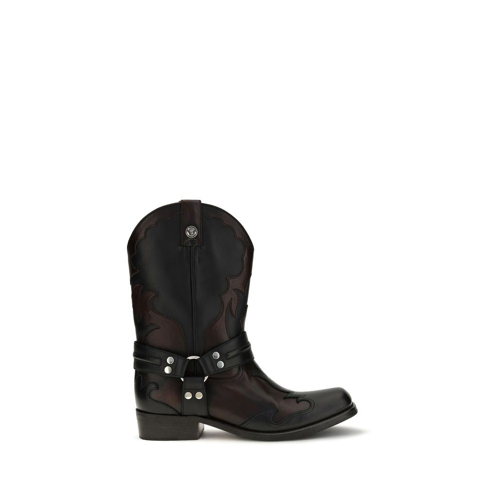 Bottes Bos Taurus en cuir de veau noir de Versace, style élégant et sophistiqué avec finitions de luxe.