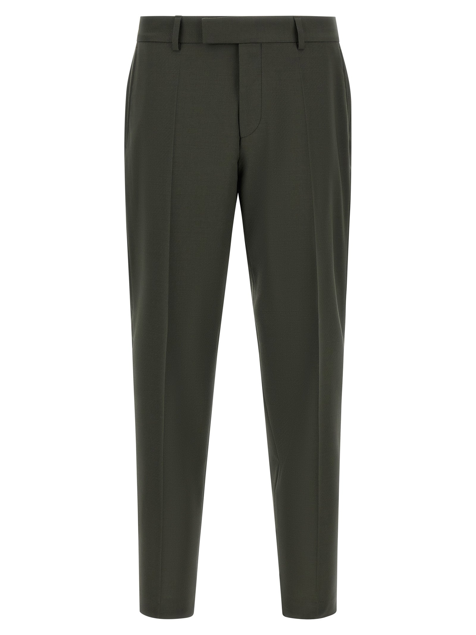 Pantalon bicolore en laine vierge de Hugo Boss, coupe élégante et moderne, visible en détail sur l'image.