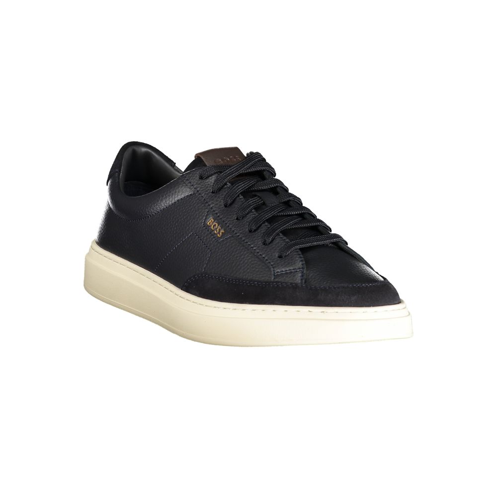 Chaussures sneakers en cuir bleu pour homme de la marque Hugo Boss, avec design élégant et détails modernes.