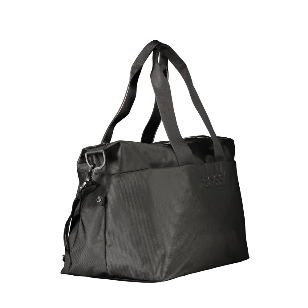 Sac à main pour hommes Hugo Boss en polyuréthane noir, élégant et pratique, avec poignées et détails modernes.
