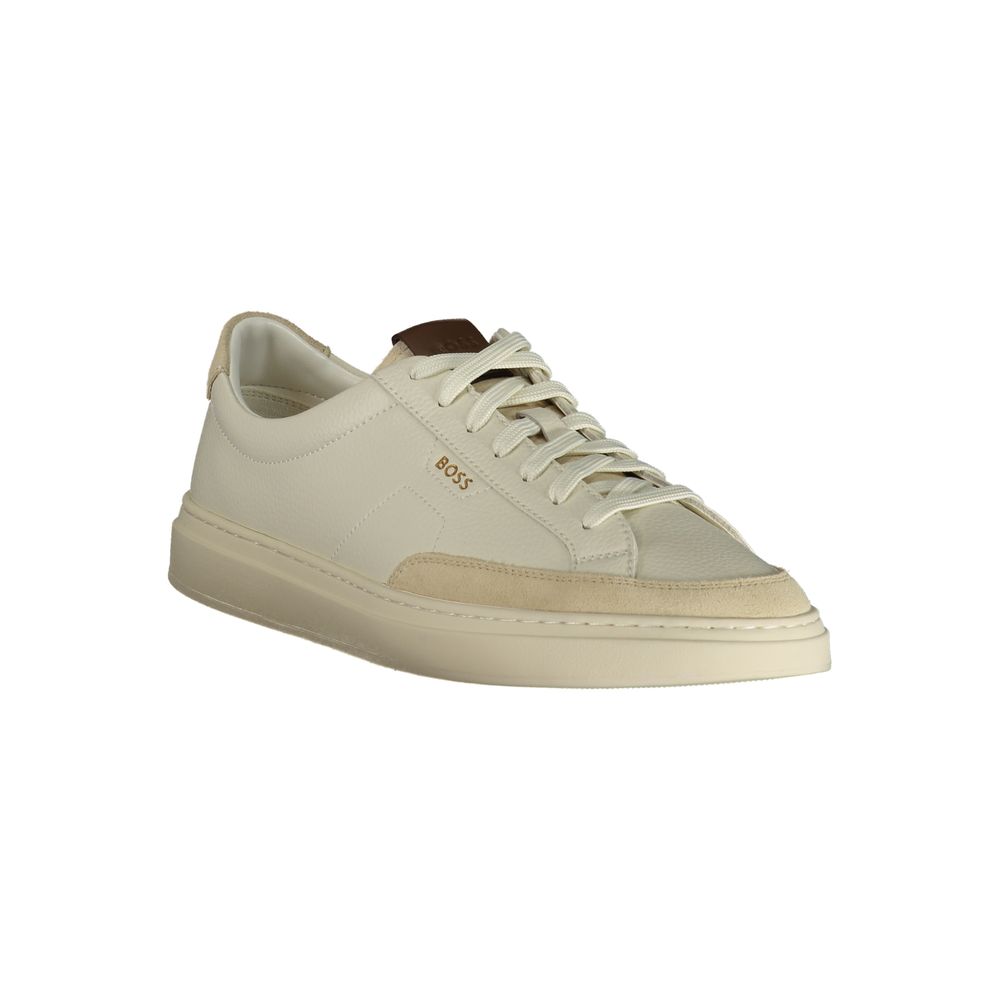 Sneakers homme Hugo Boss Bianco Pelle, chaussures décontractées en cuir blanc avec semelle blanche, style élégant et moderne.