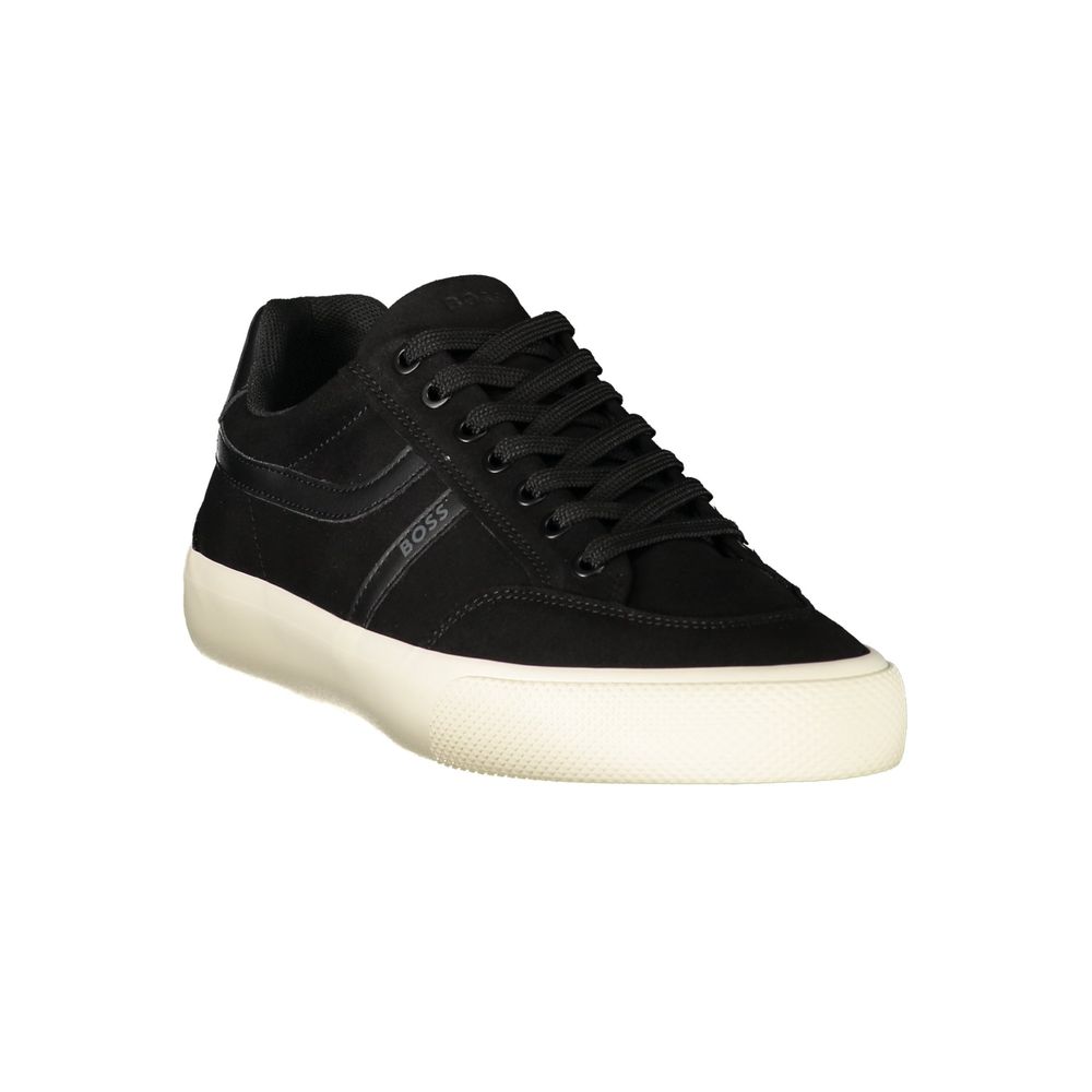 Sneakers noires en polyuréthane pour hommes de la marque Hugo Boss, vue de côté.