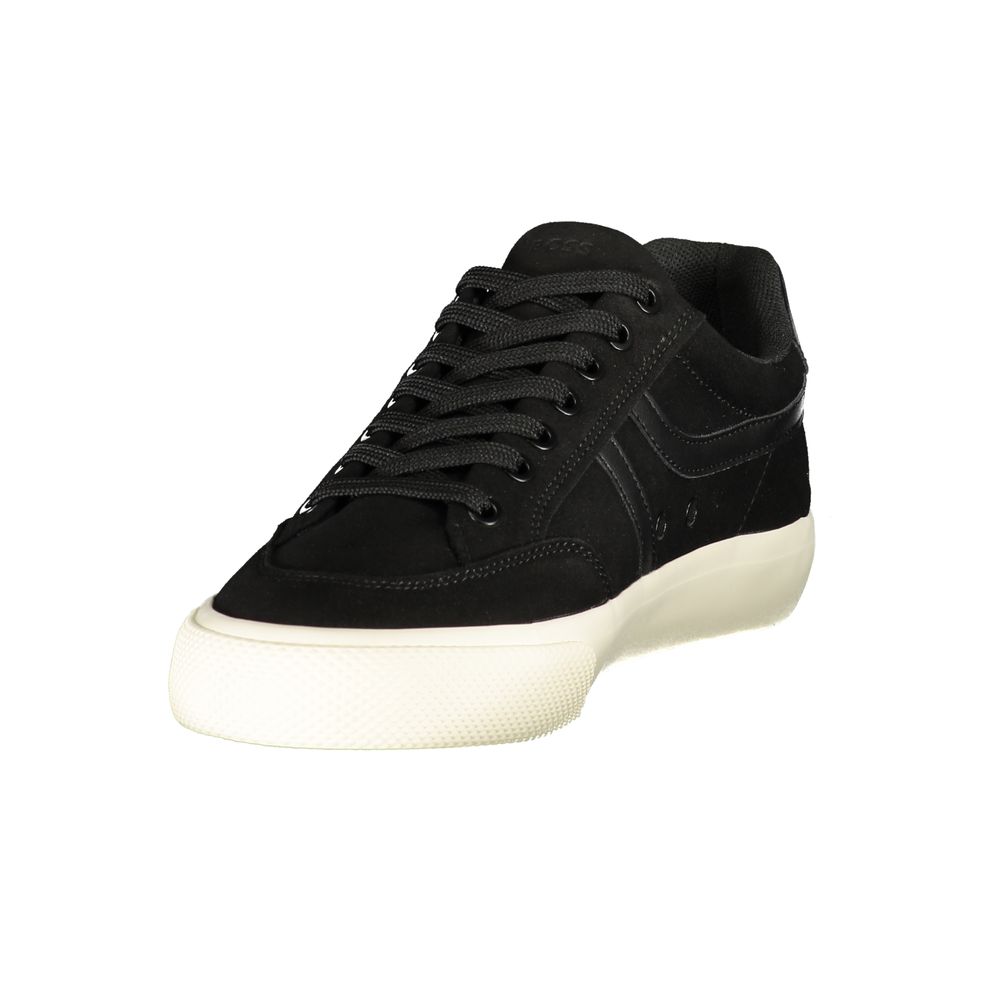 Chaussures sneakers noires en polyuréthane pour homme de la marque Hugo Boss, vue de face avec détails du design.