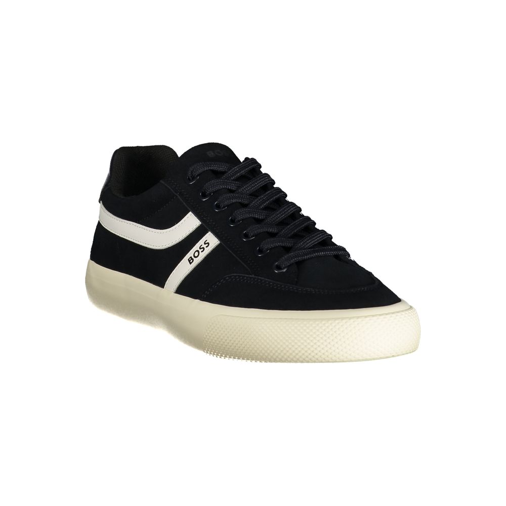 Sneaker homme Hugo Boss en polyuréthane bleu, design moderne et élégant, vue de face avec détails de la chaussure visible.