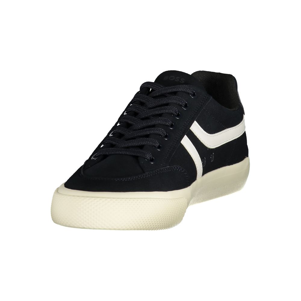 Sneakers pour hommes Hugo Boss en polyuréthane bleu, style décontracté avec semelle blanche et design moderne.
