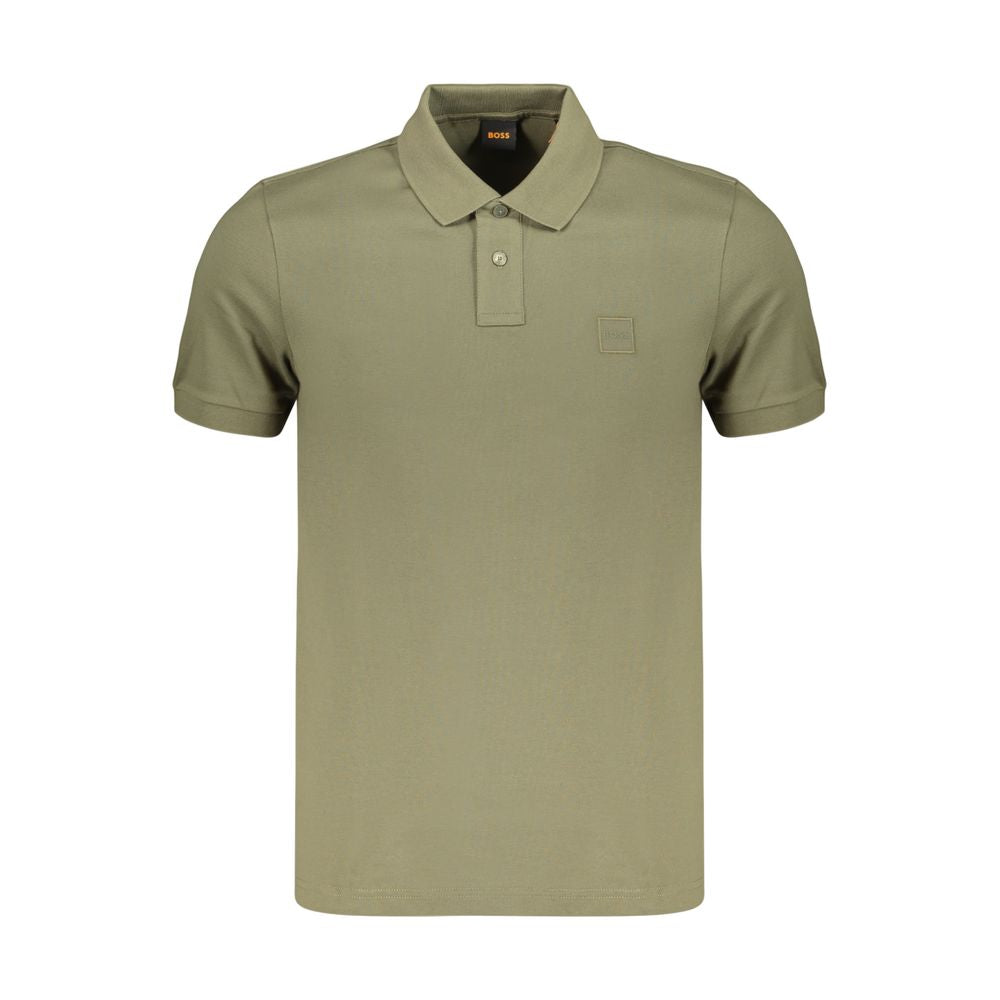 Chemise polo pour homme Hugo Boss en coton vert, col classique, manches courtes, logo discret sur la poitrine.