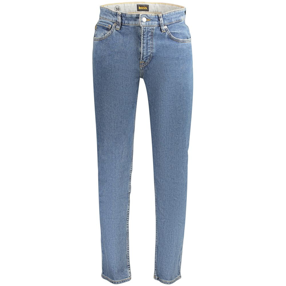 Jeans homme en coton bleu de la marque Hugo Boss, coupe classique avec poches avant et arrière.