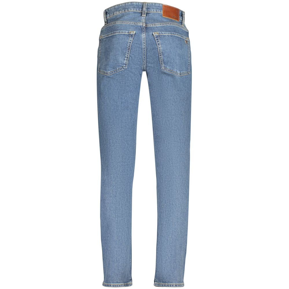 Jeans bleus pour homme en coton de la marque Hugo Boss, coupe classique avec détails de couture visibles.