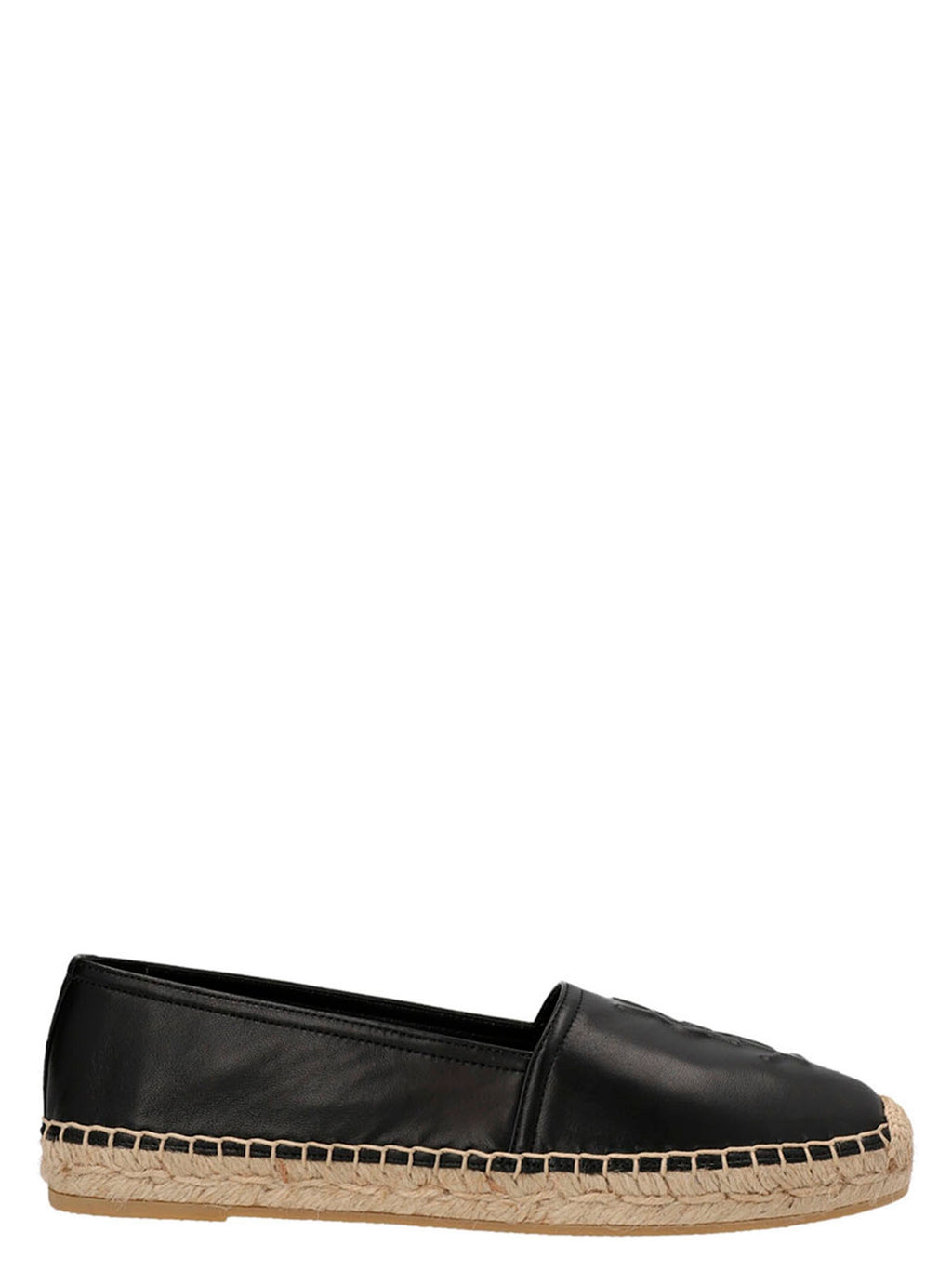 Espadrilles en cuir d'agneau noir de Saint Laurent, chaussure élégante avec semelle en corde, vue de face avec détails du produit.