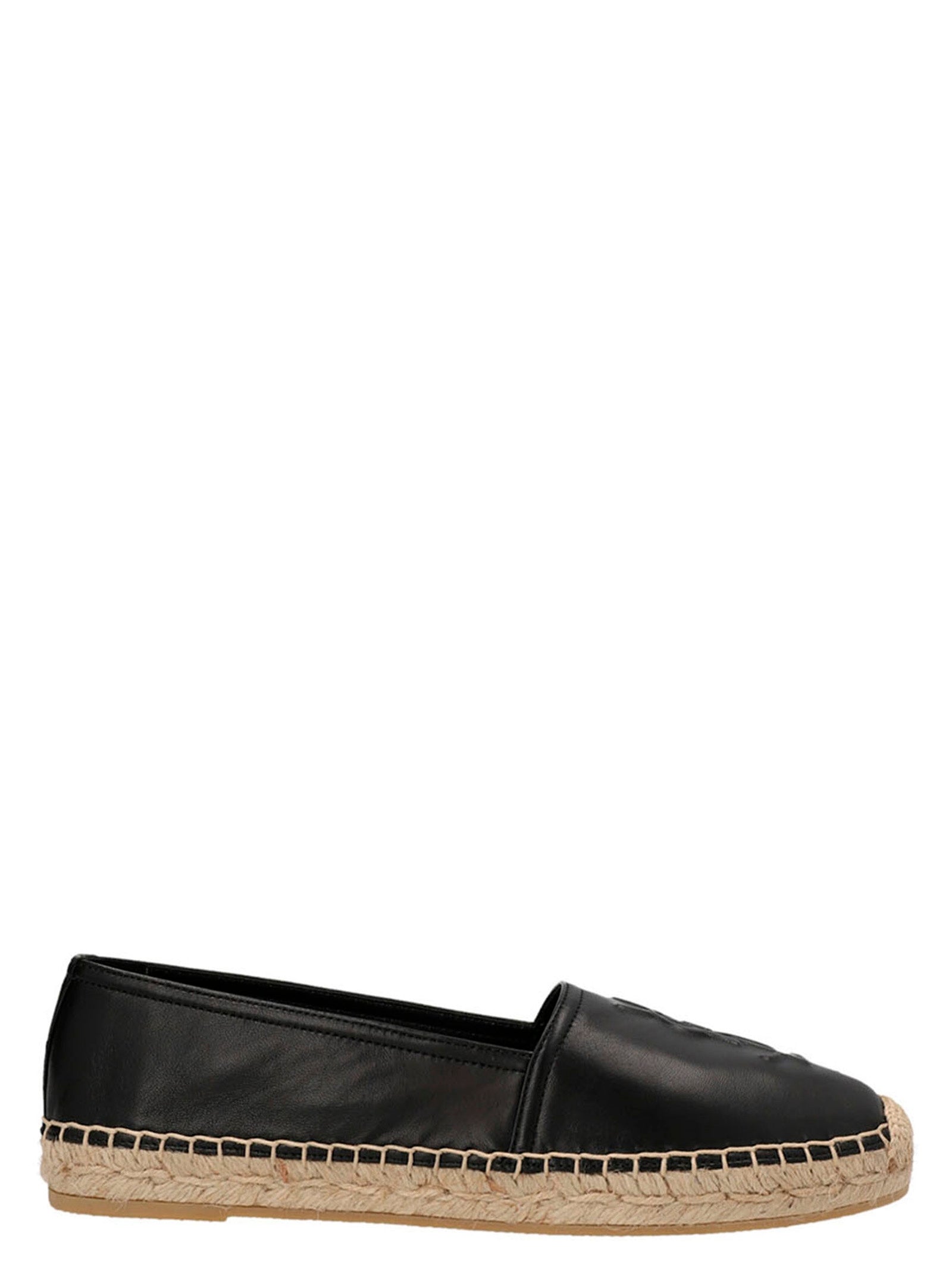 Espadrilles en cuir d'agneau noir de Saint Laurent, chaussure élégante avec semelle en corde, vue de face avec détails du produit.