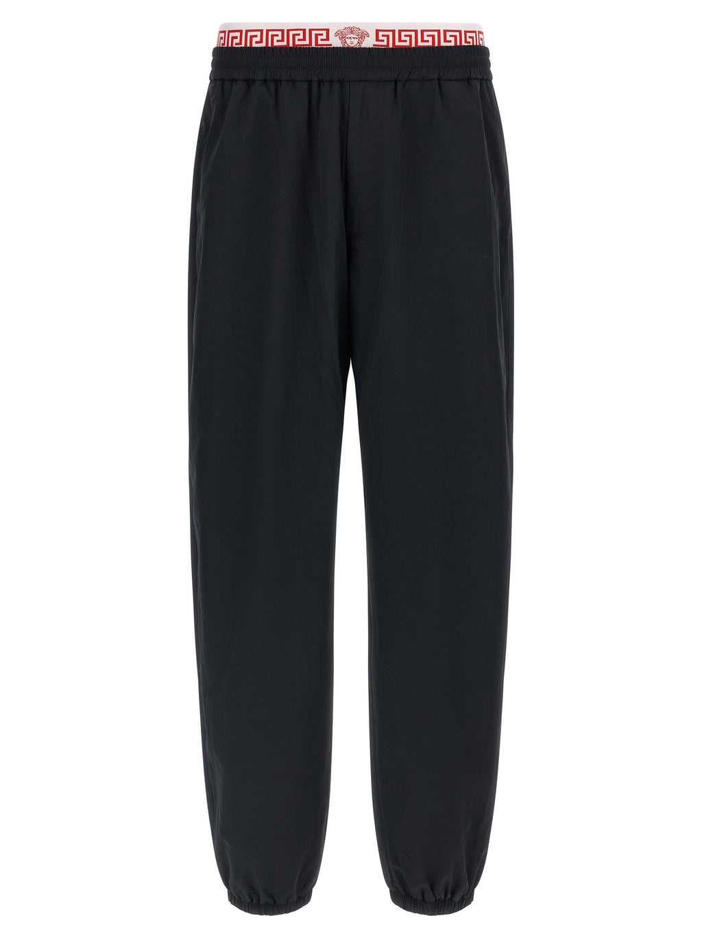 Pantalons de sport noirs Versace en polyamide, joggers élégants pour l'entraînement et le confort.