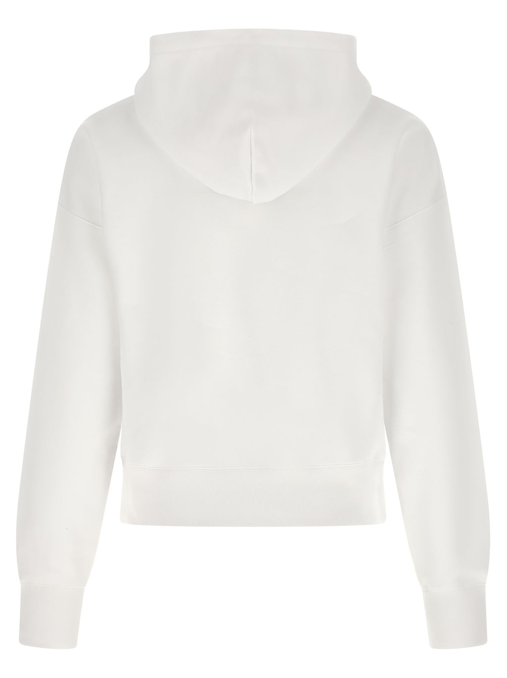 Sweat à capuche en coton blanc de Gucci, avec logo Gucci visible sur la poitrine, porté par un mannequin.