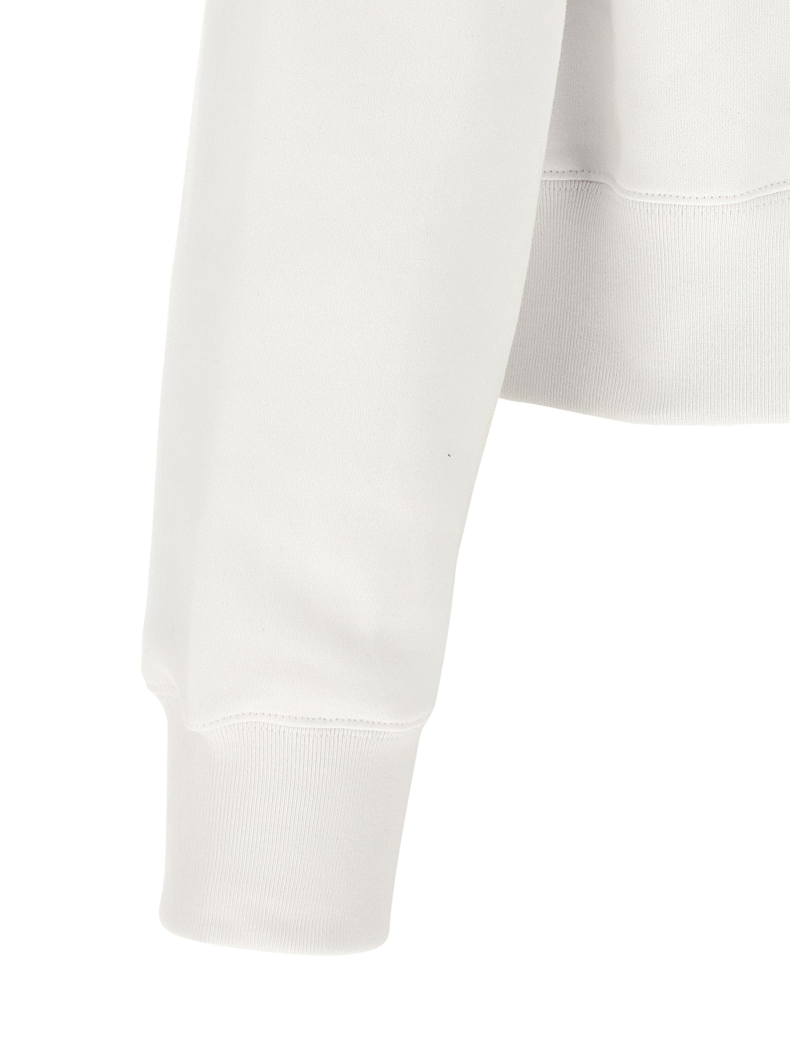 Sweat à capuche blanc en coton de Gucci, vue de face, avec logo Gucci visible sur la poitrine, porté par un mannequin.