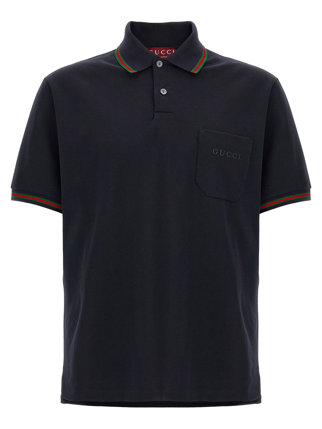 Chemise polo en coton bleu Gucci, vue de face, détails du col et du logo Gucci sur la poitrine.