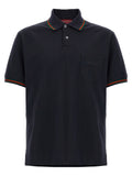 Chemise polo en coton bleu Gucci, vue de face, détails du col et du logo Gucci sur la poitrine.