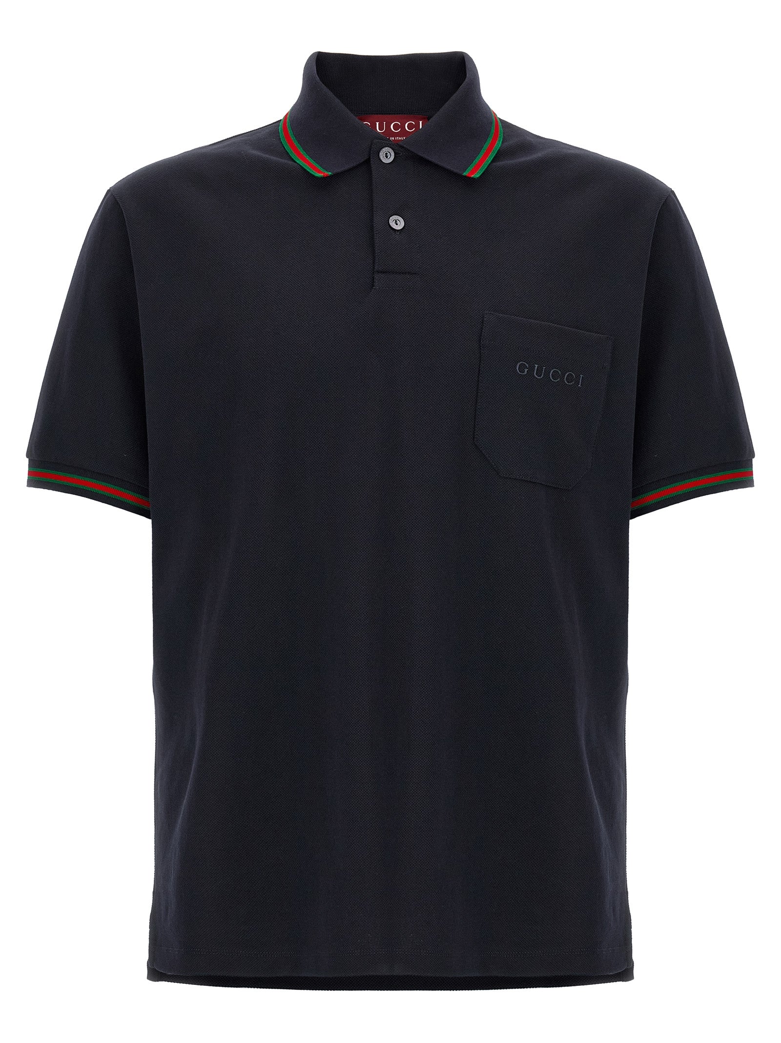 Chemise polo en coton bleu Gucci, vue de face, détails du col et du logo Gucci sur la poitrine.