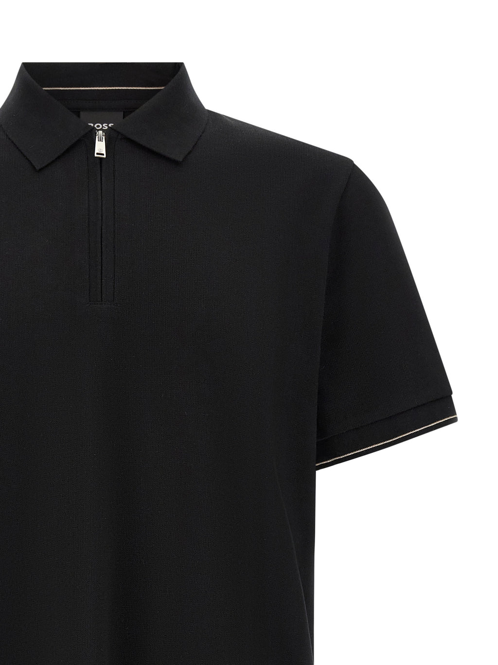 Chemise polo noire en coton de la marque Hugo Boss, vue de face, avec col classique et logo discret.
