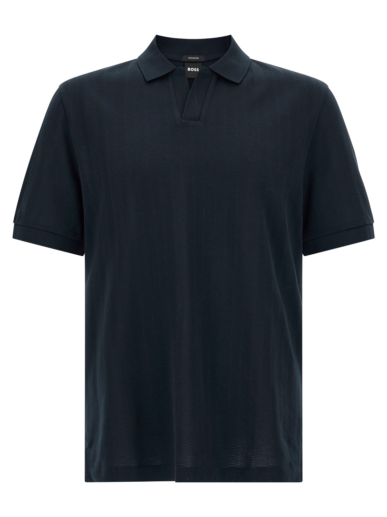 Chemise polo en coton bleu de la marque Hugo Boss, visible avec col et boutons, idéale pour un style élégant décontracté.