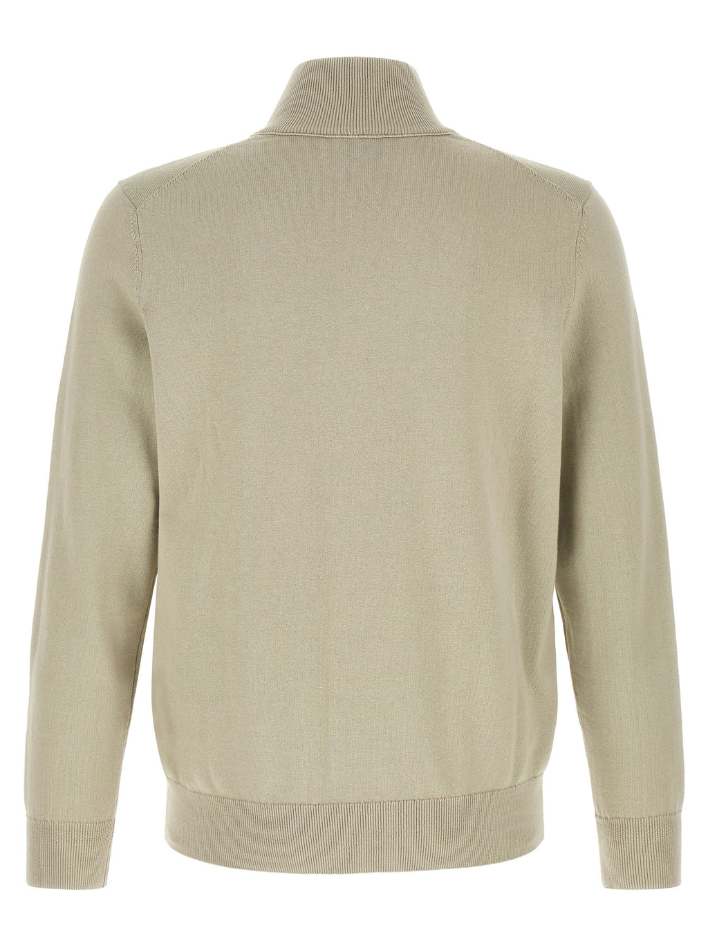 Cardigan beige en coton de la marque Hugo Boss, détail du tissu et de la coupe élégante.