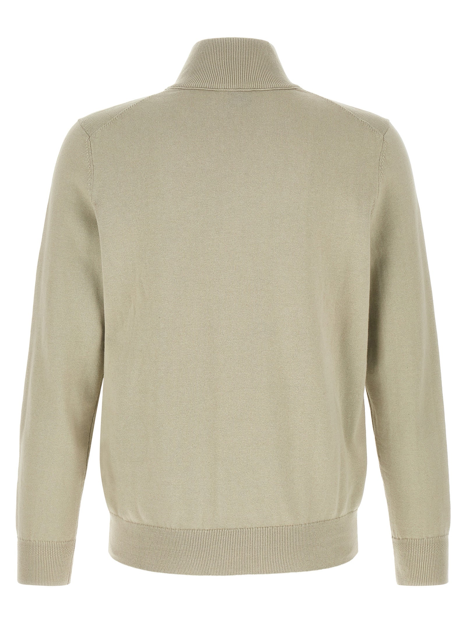 Cardigan beige en coton de la marque Hugo Boss, détail du tissu et de la coupe élégante.