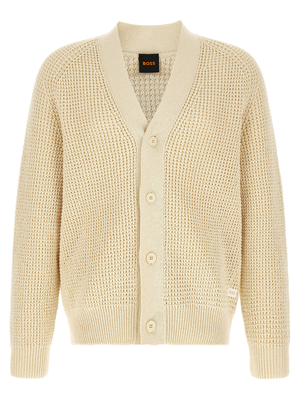 Cardigan beige en coton de la marque Hugo Boss, détail du tissu et coupe élégante visible sur l'image.