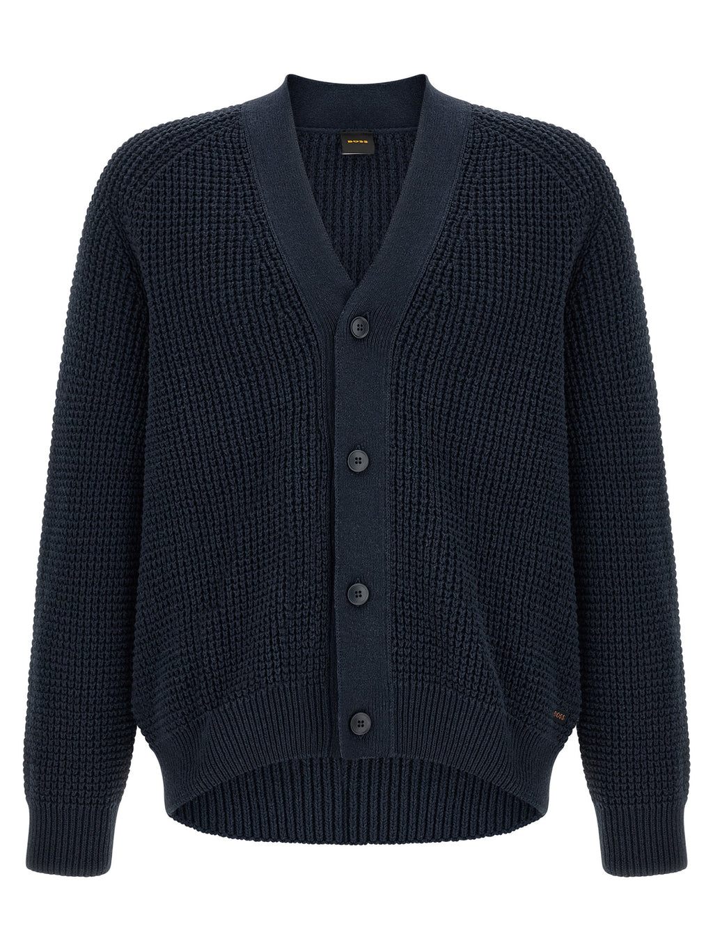 Cardigan en coton bleu de la marque Hugo Boss, détail élégant avec fermeture et poignets côtelés.