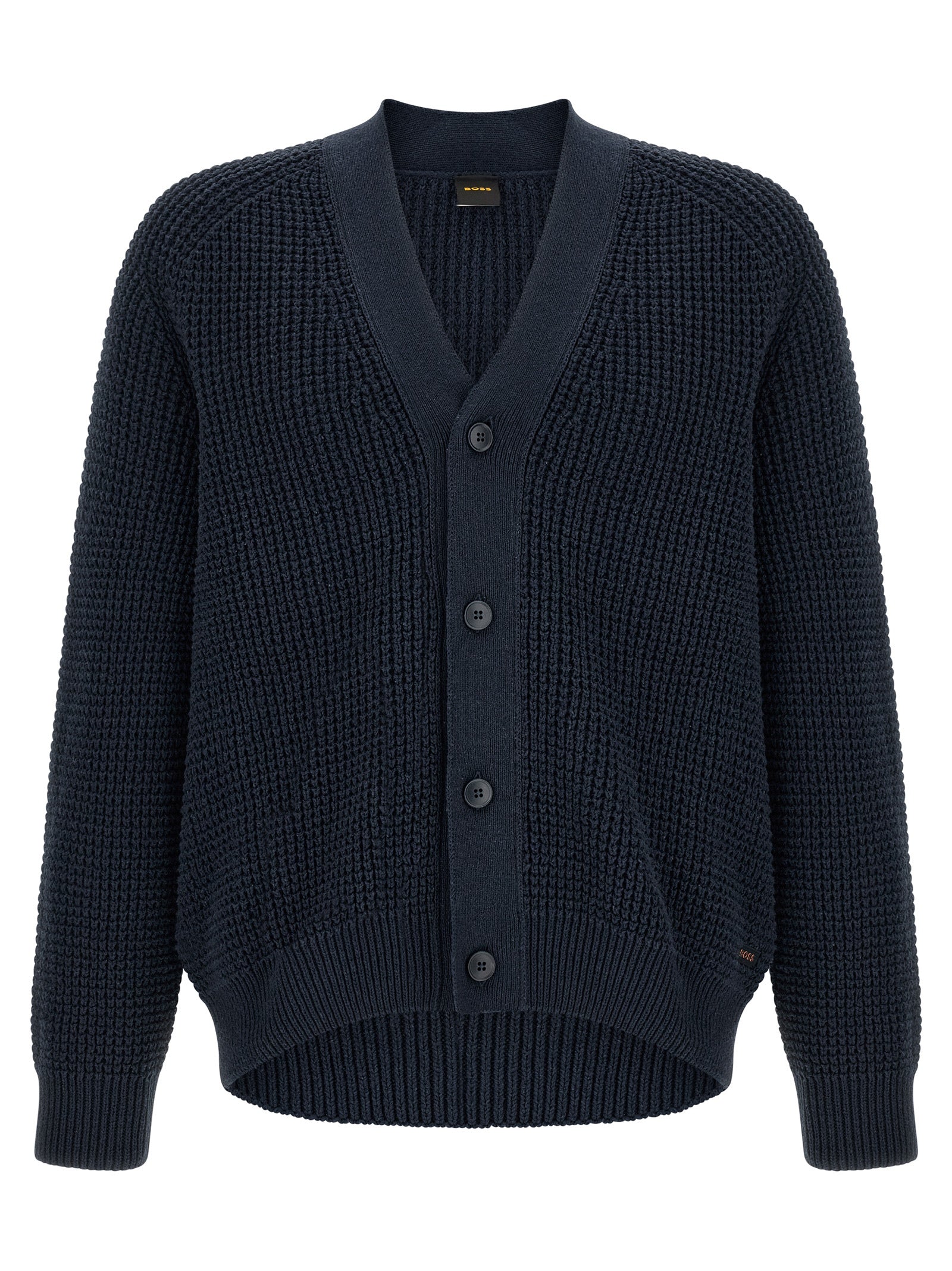 Cardigan en coton bleu de la marque Hugo Boss, détail élégant avec fermeture et poignets côtelés.
