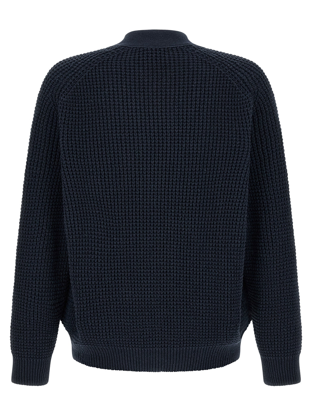 Cardigan en coton bleu de la marque Hugo Boss, porté, avec boutons et col rond, idéal pour un style élégant et décontracté.