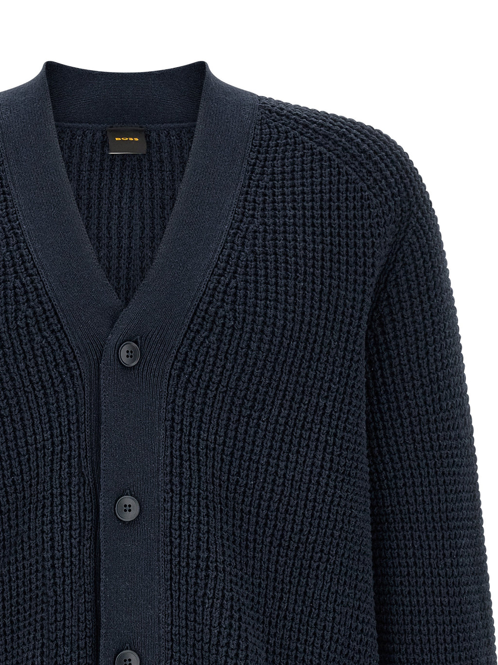 Cardigan en coton bleu Hugo Boss, veste élégante avec boutons et col rond, parfaite pour un look décontracté et sophistiqué.