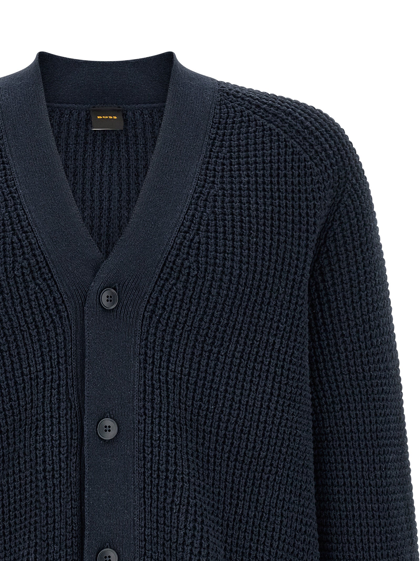 Cardigan en coton bleu Hugo Boss, veste élégante avec boutons et col rond, parfaite pour un look décontracté et sophistiqué.