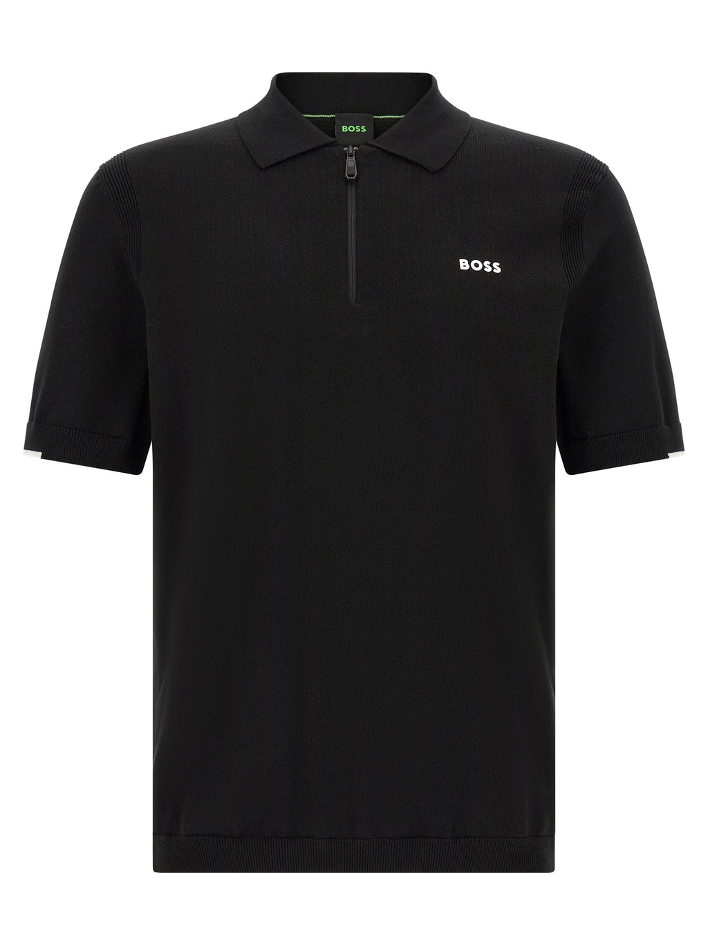 Chemise polo noire en coton de la marque Hugo Boss, vue de face, avec col et boutons visibles.