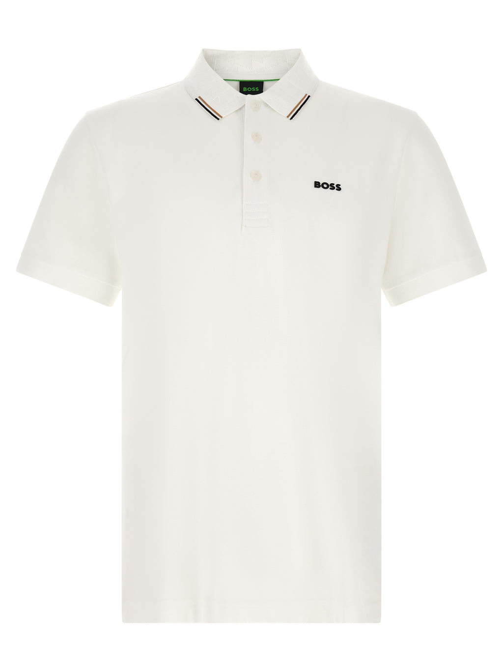 Chemise polo blanche en coton de la marque Hugo Boss, vue de face avec col et boutons visibles.