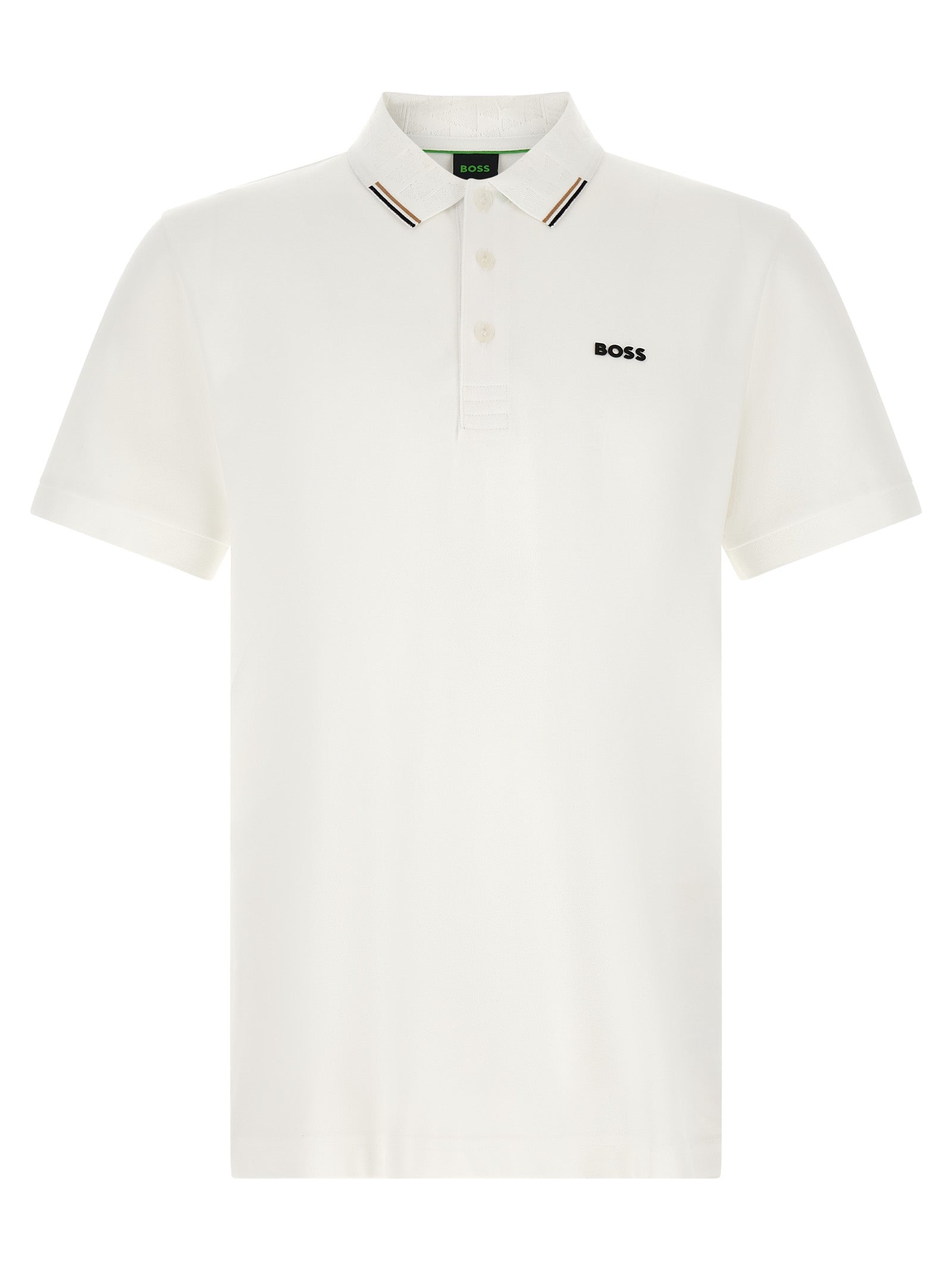 Chemise polo blanche en coton de la marque Hugo Boss, vue de face avec col et boutons visibles.