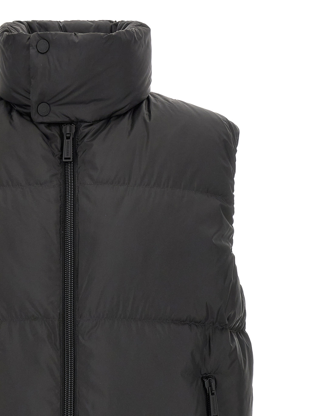 Veste sans manches en polyester noire de la marque Dsquared², coupe moderne et élégante, visible en détail sur l'image.