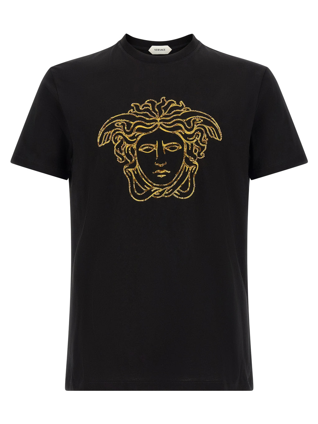 T-shirt en coton noir de la marque Versace, design élégant avec logo distinctif.