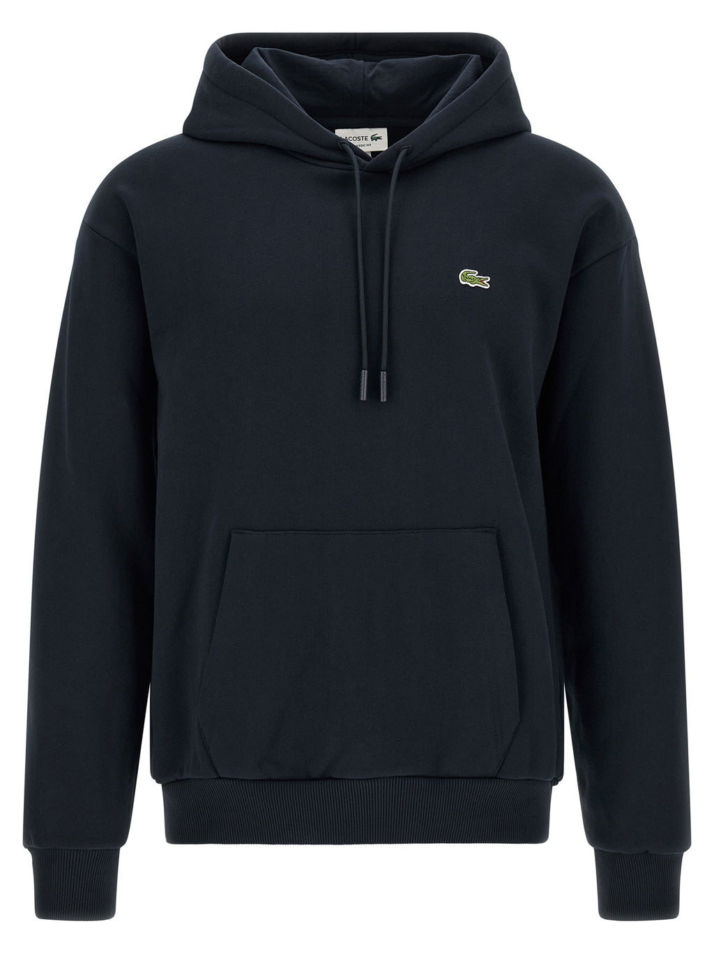 Sweat-shirt en coton bleu Lacoste avec logo crocodile, manches longues et coupe classique, porté sur un mannequin.