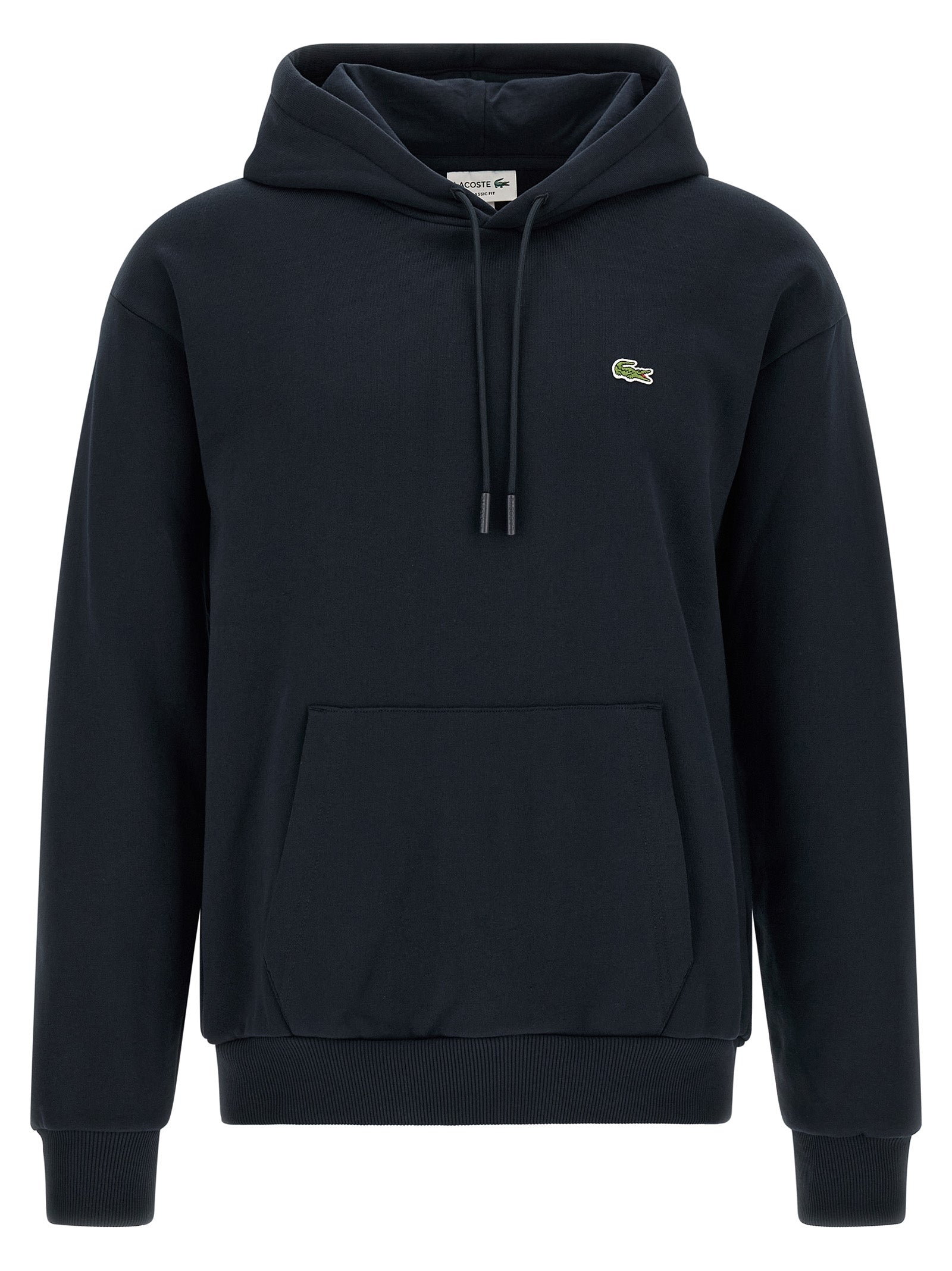 Sweat-shirt en coton bleu Lacoste avec logo crocodile, manches longues et coupe classique, porté sur un mannequin.