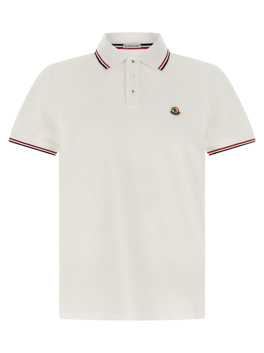 Chemise polo blanche en coton Moncler avec col et boutons, vue de face.