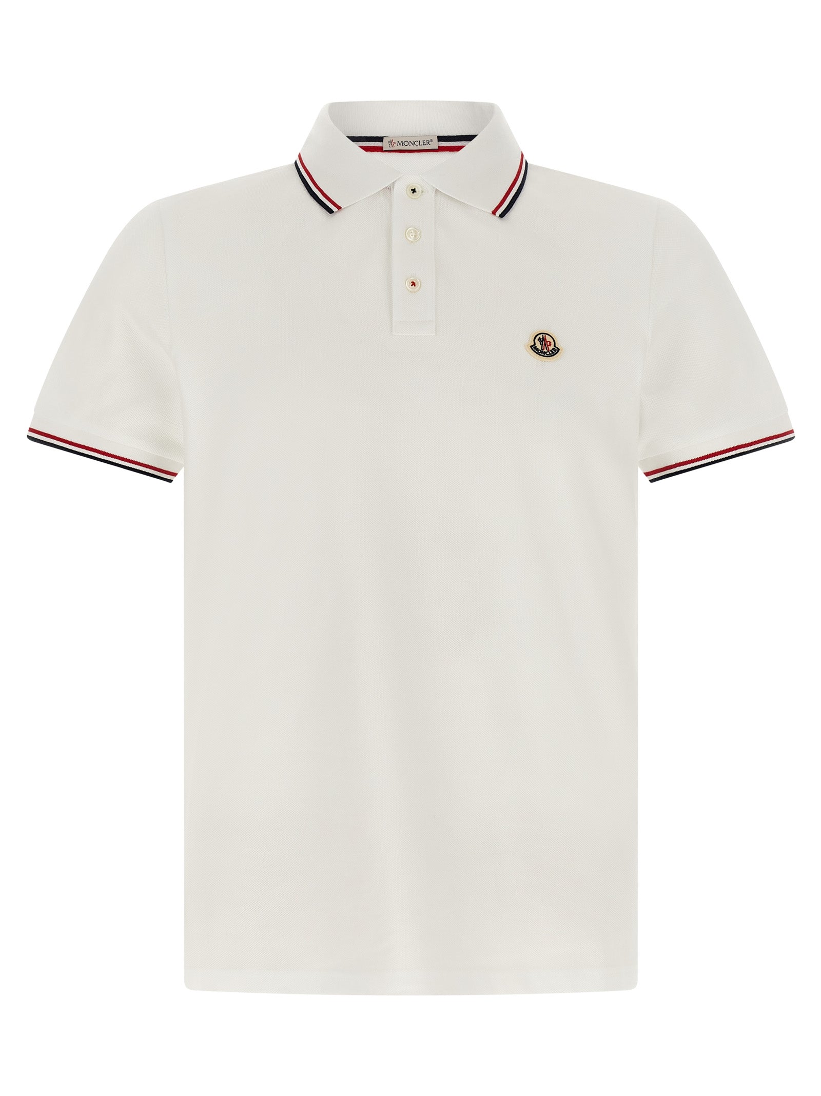 Chemise polo blanche en coton Moncler avec col et boutons, vue de face.