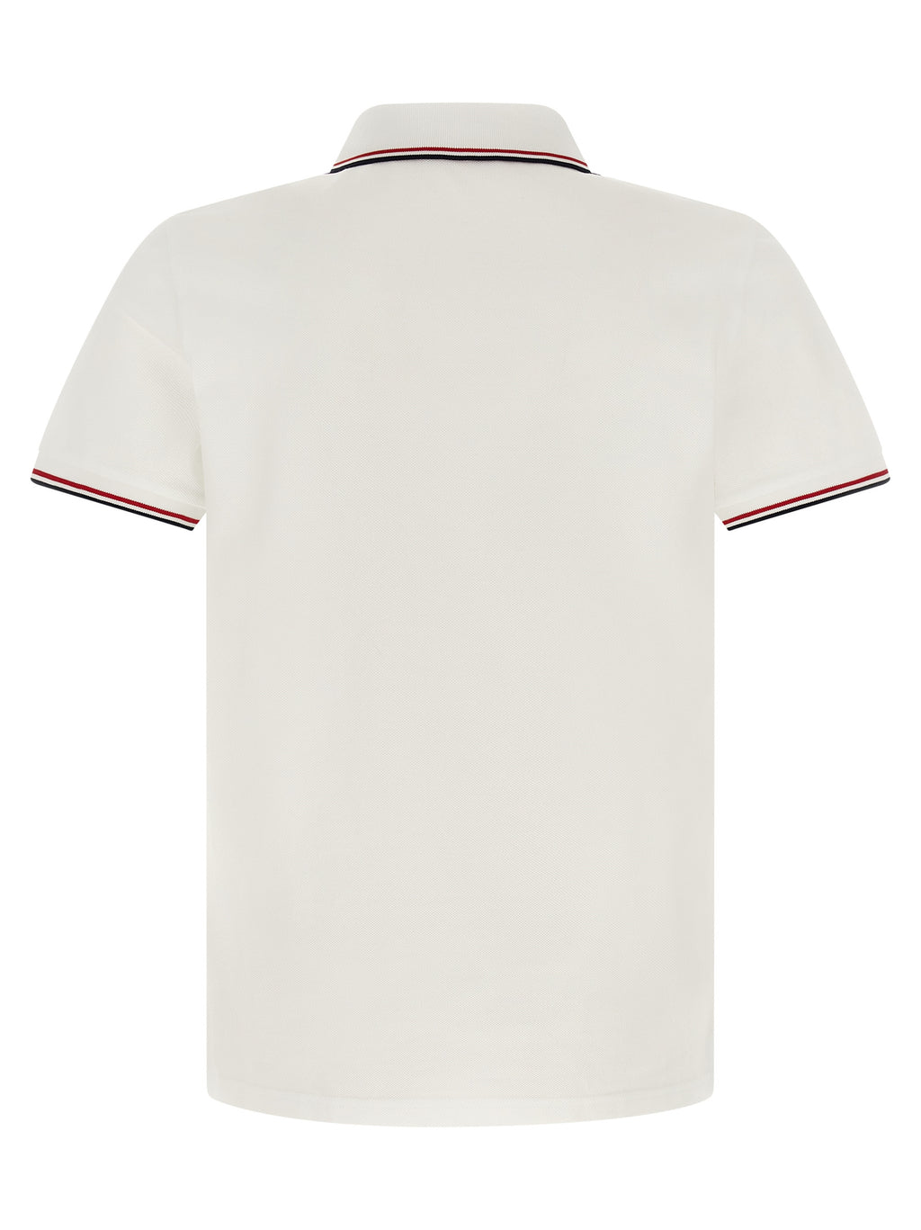 Chemise polo blanche en coton Moncler, vue de face, avec col classique et logo sur la poitrine, tenue élégante et décontractée.