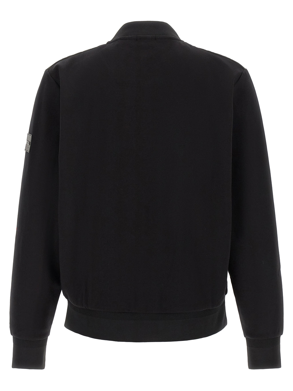 Sweatshirt en coton noir de la marque Hugo Boss, avec logo discret sur la poitrine, porté par un mannequin.